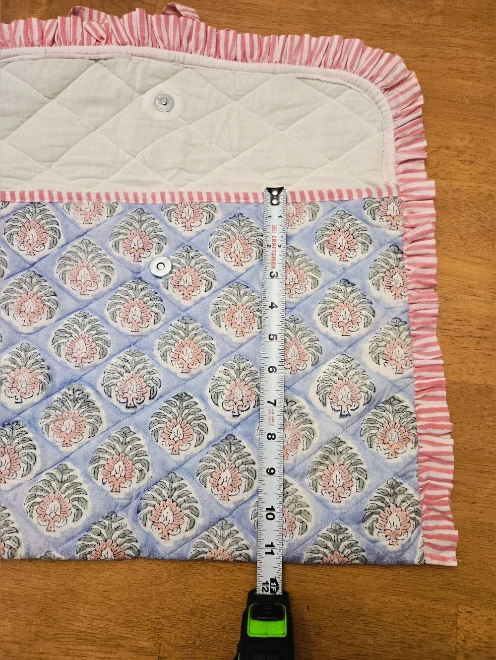 Blue and Pink Floral Quilted Laptop Cover with Ruffle Tie